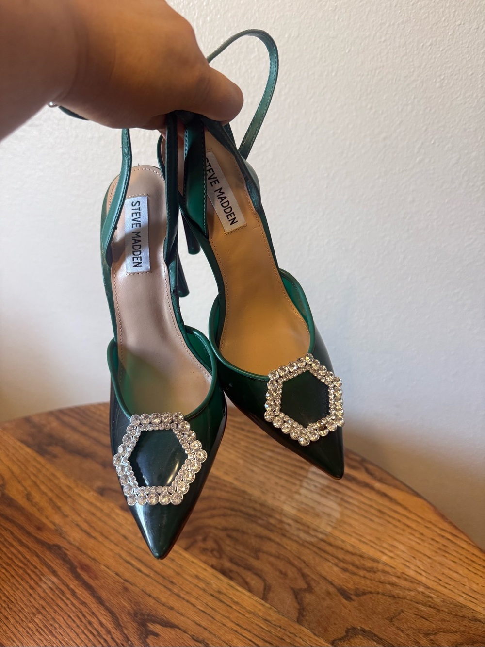 Steve Madden Green Pointed Toe Slingback Heels with Rhinestone Buckle classic